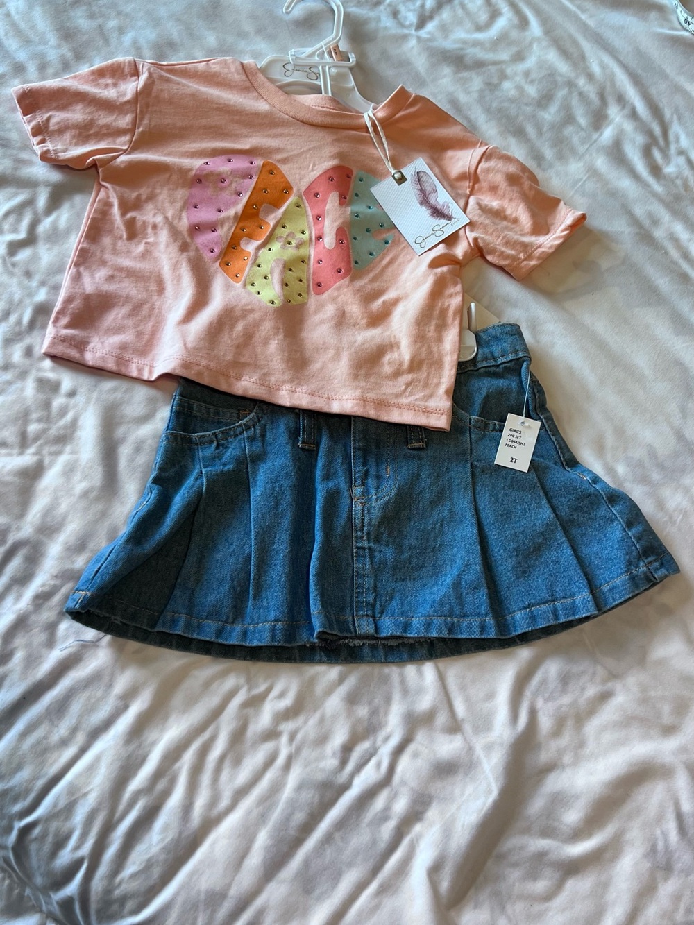 Jessica Simpson Peach Graphic Crop Tee with Blue Denim Pleated Skirt